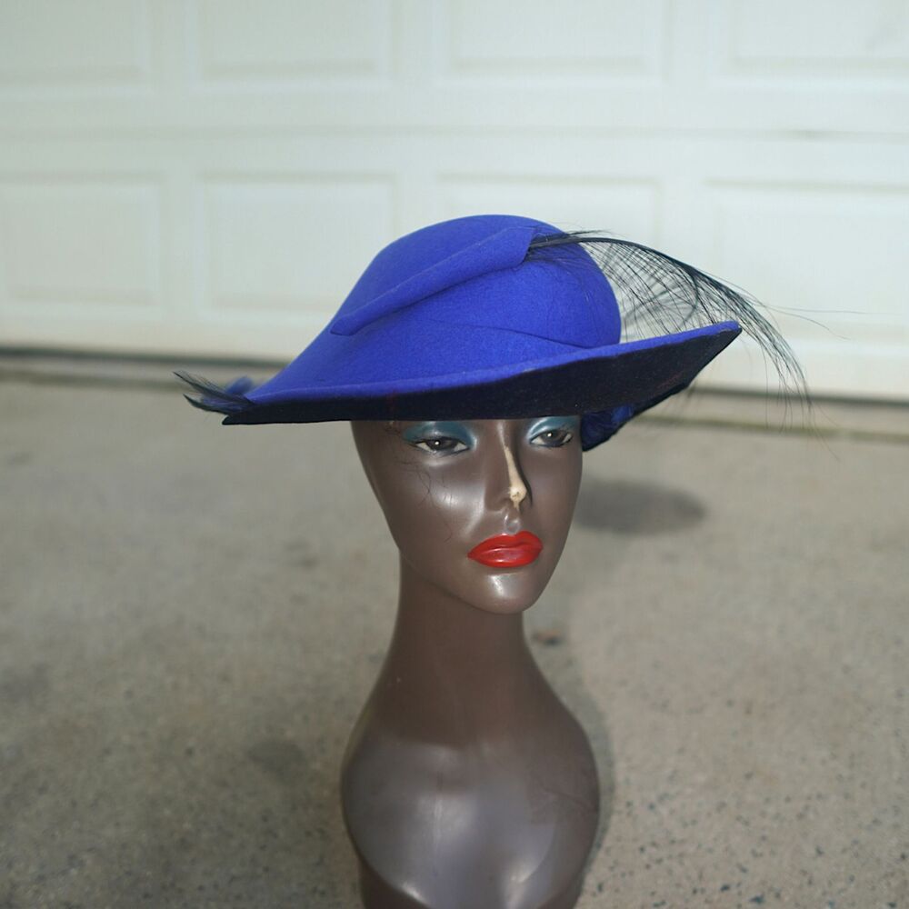 VTG Mr John Classic Cobalt Blue Wool Tilt Hat Black Velvet Feather WPL 5923 14”